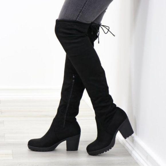 Shoes - Lug Chunky Heel BlackThigh High Suede Boots